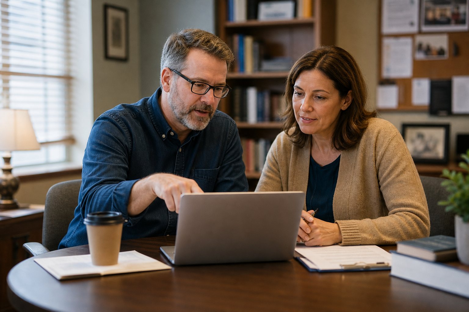 A church staff member and volunteer review giver records together in an office