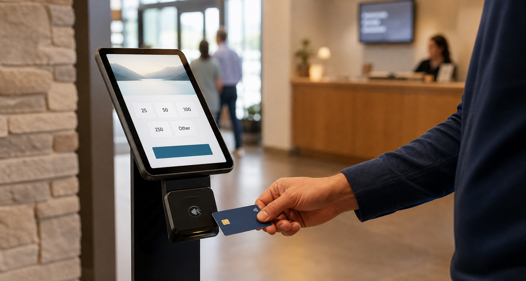 A giver taps a card at a tablet giving kiosk in a church foyer