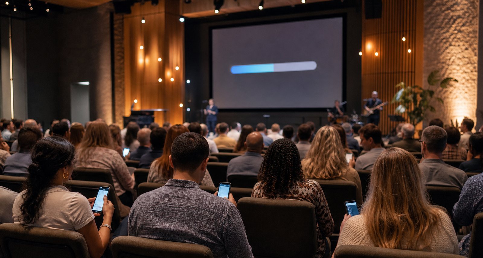 A congregation participates in a live fundraising moment with phones and a progress screen