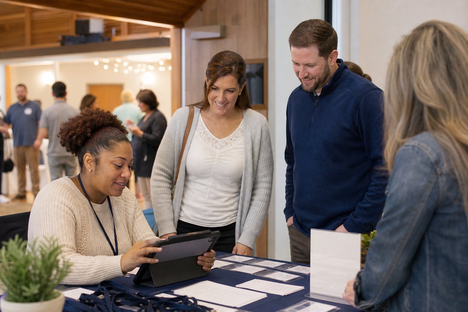 Church volunteers use a tablet to check in people for an event