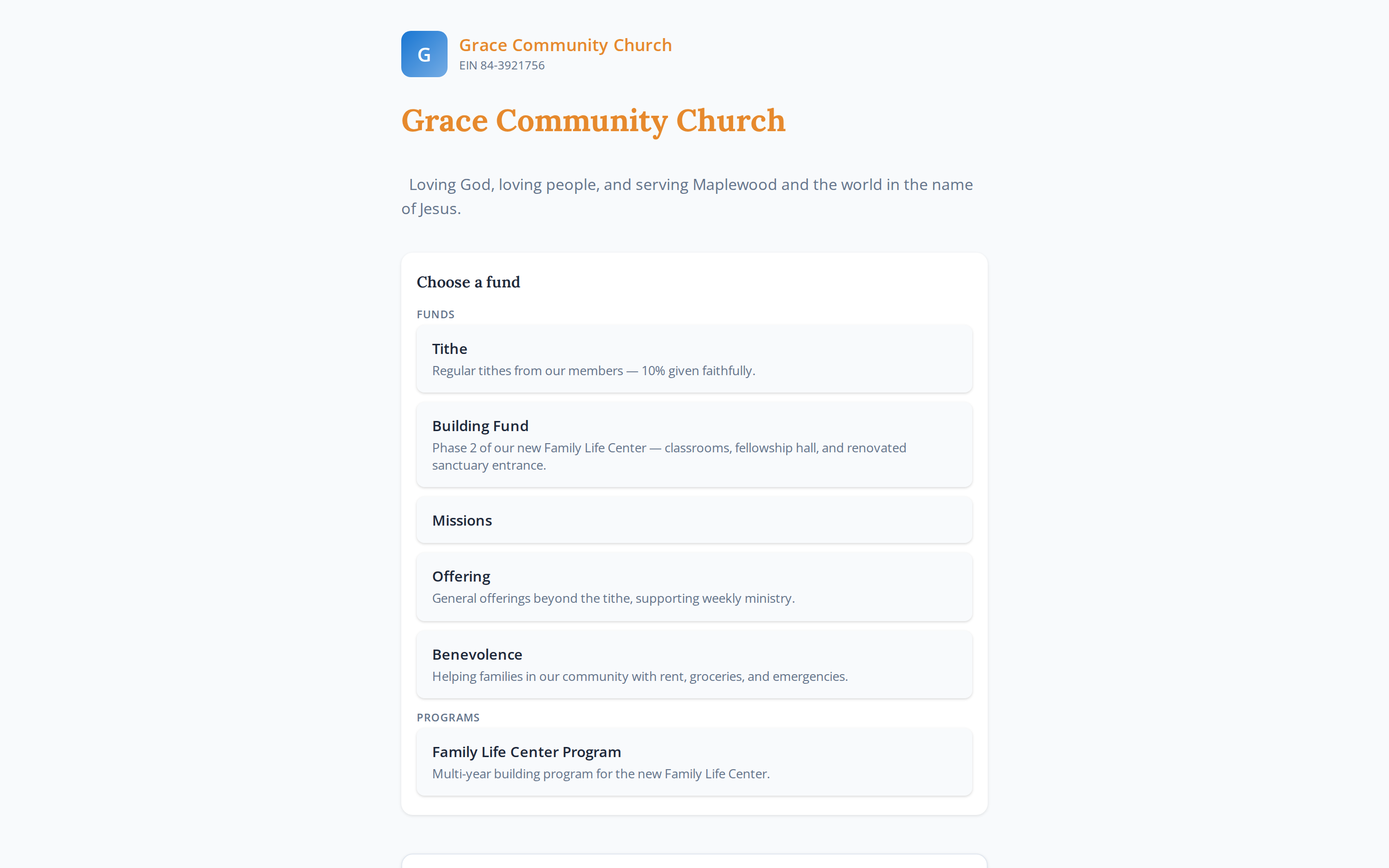 A live giving page, branded to the church, with funds and amounts