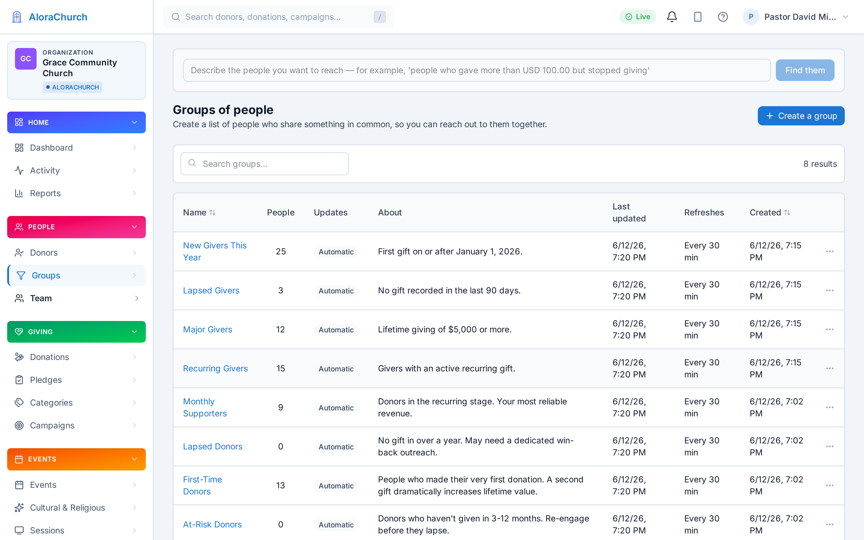 Segment builder with pre-built templates for common giver groups