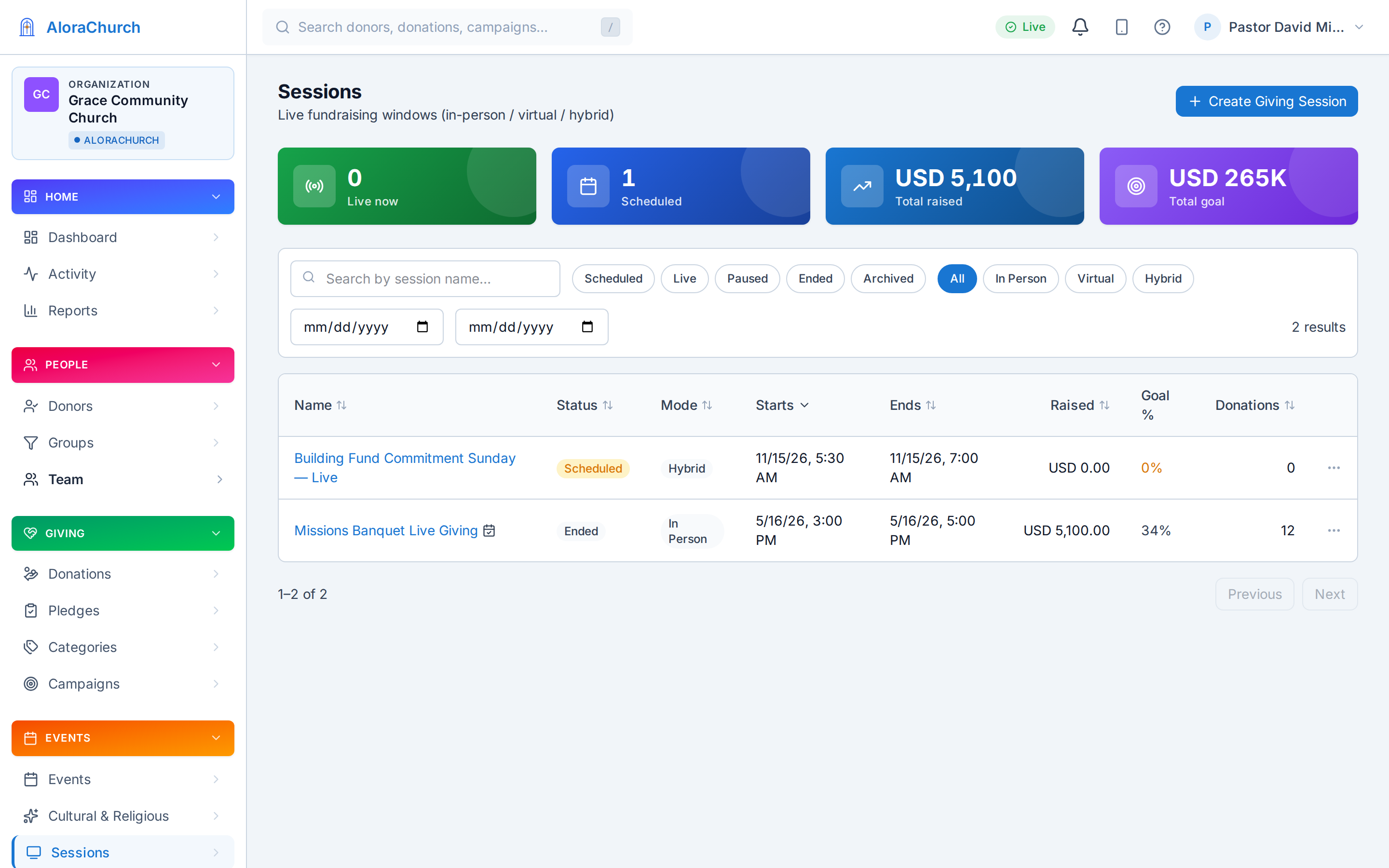 Dashboard list of live giving events with status, totals, and codes
