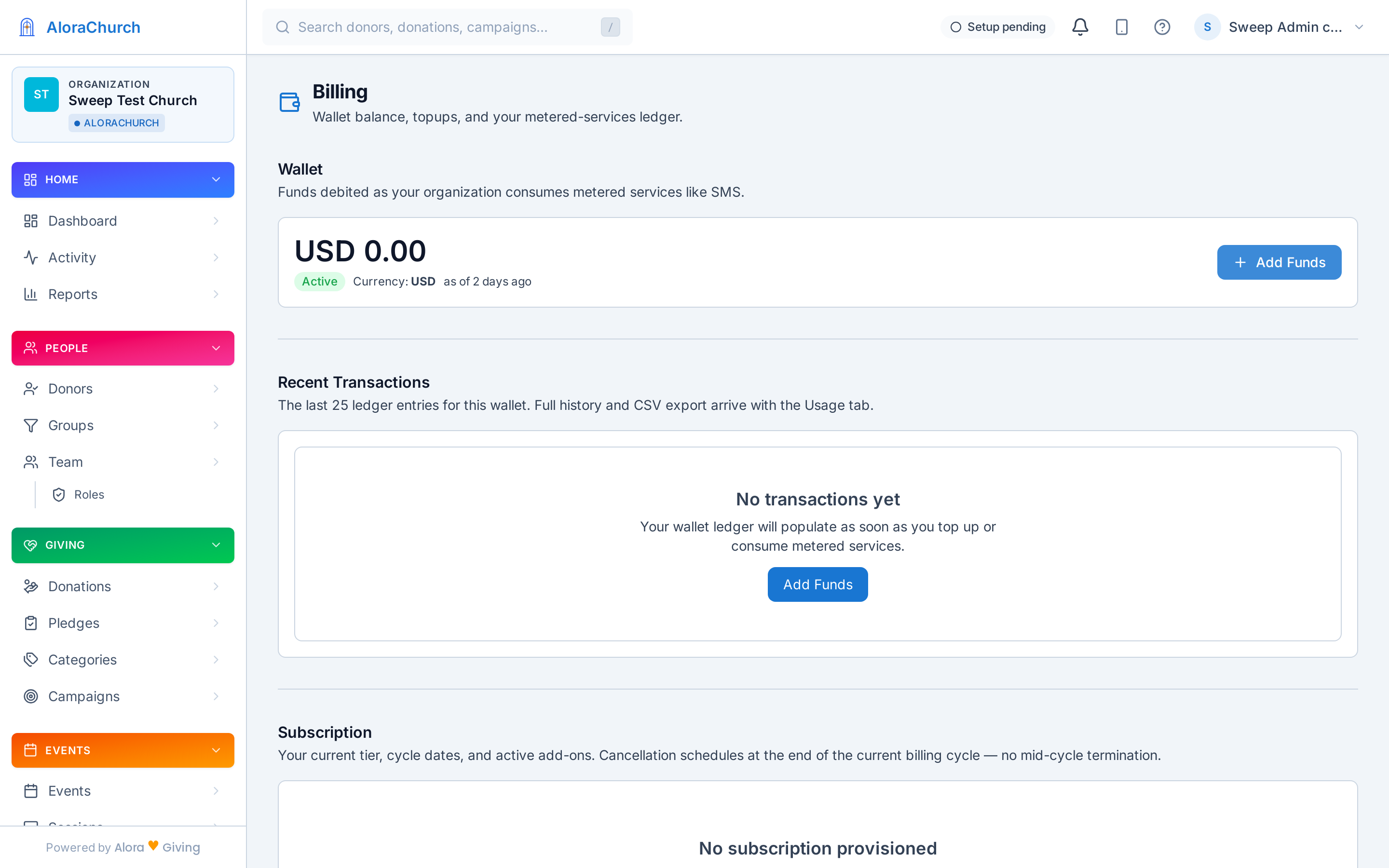 Billing settings and usage wallet in AloraChurch
