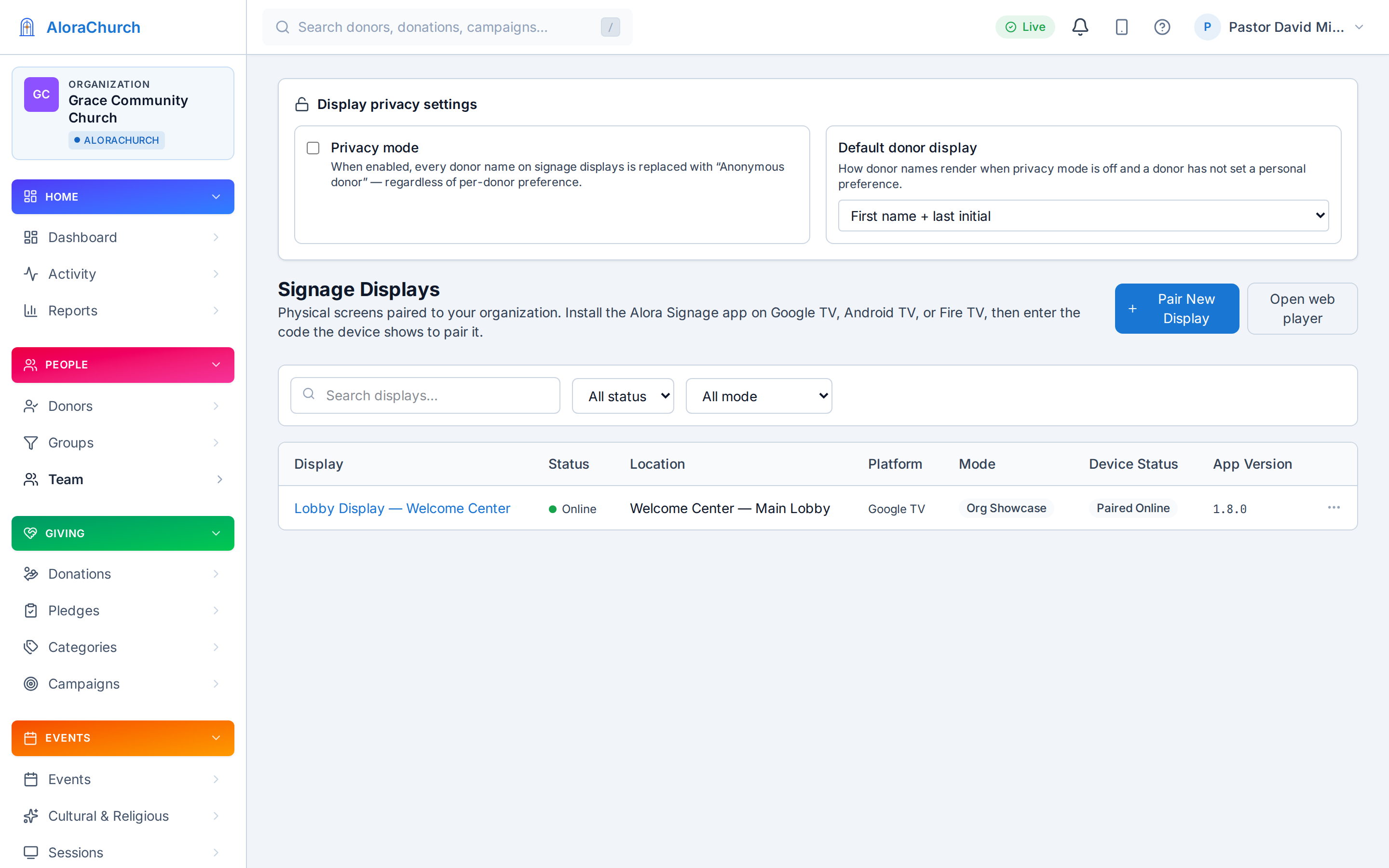 Signage screens managed from the dashboard — early access