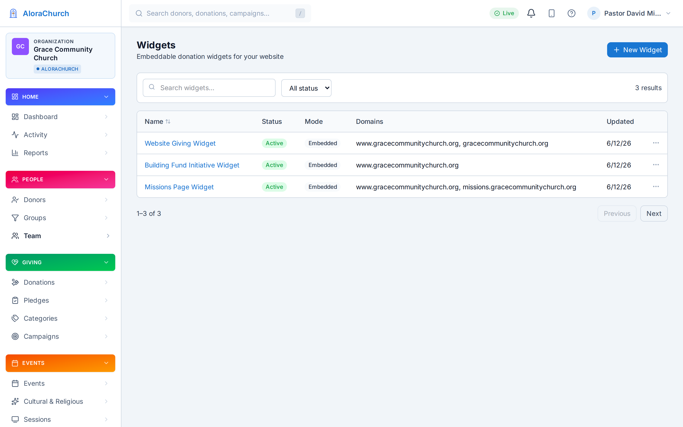 Widget Studio — events, announcement, and giving widgets for the church website